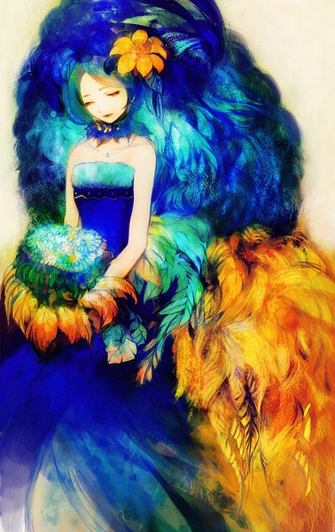 Anime picture 1200x1900 with original sakaya (artist) single tall image white background blue hair very long hair hair flower looking down girl dress hair ornament flower (flowers) jewelry feather (feathers) bouquet
