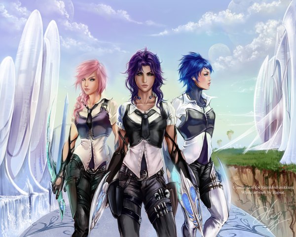 Anime picture 1417x1134 with kingdom hearts final fantasy xiii square enix lightning farron aqua (kingdom hearts) oerba yun fang caucasian-eagle long hair short hair multiple girls green eyes blue hair pink hair sky purple hair cloud (clouds) aqua eyes realistic waterfall girl