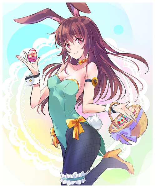 Anime picture 1324x1600 with rwby rooster teeth velvet scarlatina iesupa single long hair tall image looking at viewer breasts light erotic smile brown hair brown eyes animal ears cleavage tail animal tail high heels bunny ears border