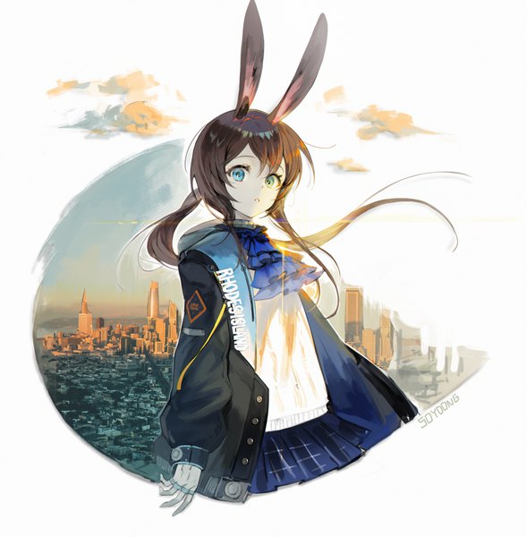 Anime picture 5212x5309 with arknights amiya (arknights) soyoong jun single long hair tall image fringe highres blue eyes hair between eyes brown hair signed animal ears absurdres open jacket bunny ears city low ponytail cityscape girl