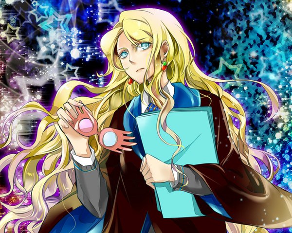 イラスト 1024x819 と ハリポタ luna lovegood 長髪 青い目 金髪 very long hair 女の子 耳飾り ネクタイ スター マント 仮面 紙 マントル 腕