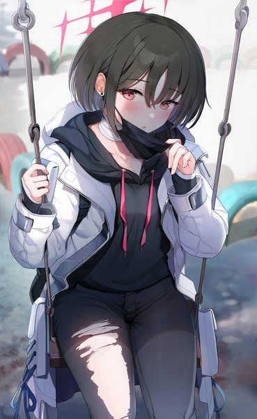 Anime picture 2000x3251 with blue archive misaki (blue archive) jehyun single tall image blush fringe highres short hair black hair hair between eyes red eyes outdoors open jacket mask pull girl earrings jacket hood halo