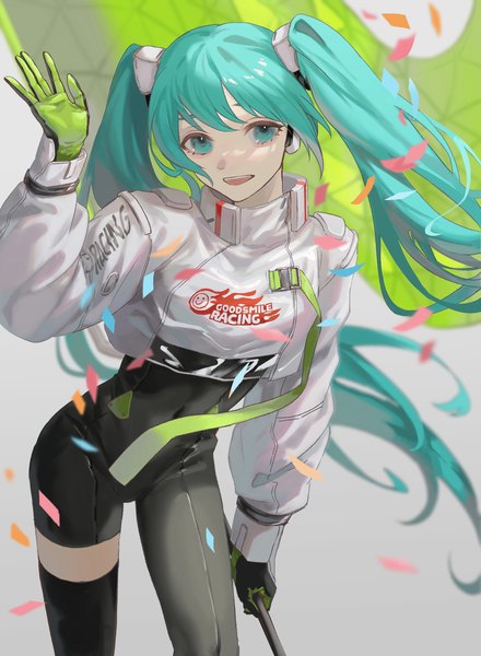Anime picture 1252x1708 with vocaloid goodsmile racing hatsune miku racing miku racing miku (2022) yoruirooo777 single tall image looking at viewer twintails very long hair aqua eyes aqua hair covered navel girl gloves bodysuit flag confetti multicolored gloves