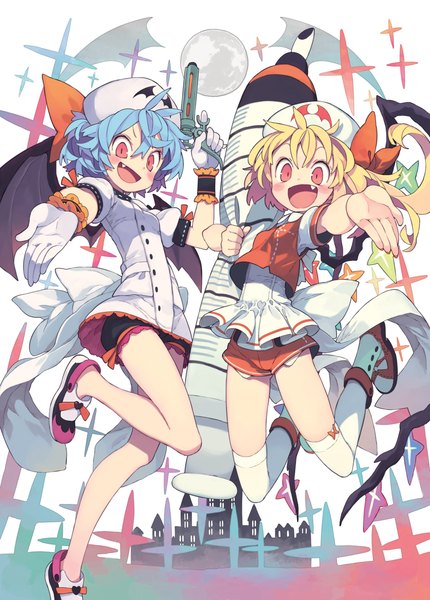 Anime picture 1935x2700 with touhou flandre scarlet remilia scarlet morino hon tall image blush highres short hair open mouth blonde hair smile red eyes standing multiple girls blue hair fang (fangs) one side up standing on one leg jumping bat wings