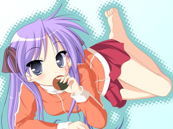 Anime picture 1600x1200 with lucky star kyoto animation hiiragi kagami kakesu highres barefoot soles eating girl skirt