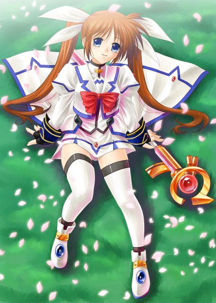 Anime picture 1000x1400 with mahou shoujo lyrical nanoha mahou shoujo lyrical nanoha strikers takamachi nanoha ayato single long hair tall image blue eyes brown hair sitting twintails girl thighhighs bow hair bow petals white thighhighs fingerless gloves suit