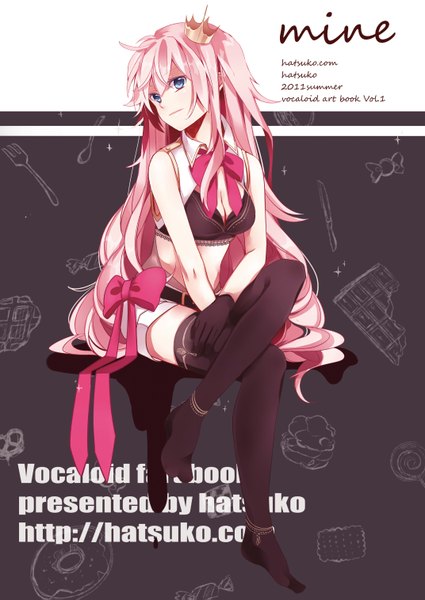 Anime picture 1072x1515 with vocaloid megurine luka hatsuko single long hair tall image blue eyes smile sitting pink hair girl thighhighs gloves bow black thighhighs shorts crown white shorts
