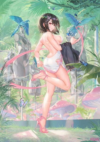 Anime-Bild 1131x1600 mit original atdan single tall image looking at viewer blush fringe short hair breasts light erotic black hair smile hair between eyes red eyes large breasts standing bare shoulders signed full body outdoors