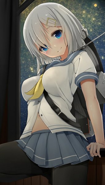 Anime picture 569x1000 with kantai collection hamakaze destroyer ratsuku kinoko single tall image looking at viewer blush short hair breasts blue eyes silver hair pleated skirt night girl skirt hair ornament miniskirt pantyhose star (stars) sailor suit