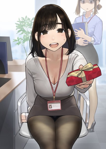 Anime picture 1287x1800 with ganbare douki-chan douki-chan (douki-chan) kouhai-chan (douki-chan) yomu (sgt epper) tall image looking at viewer blush fringe short hair breasts open mouth light erotic smile brown hair standing sitting multiple girls holding brown eyes cleavage