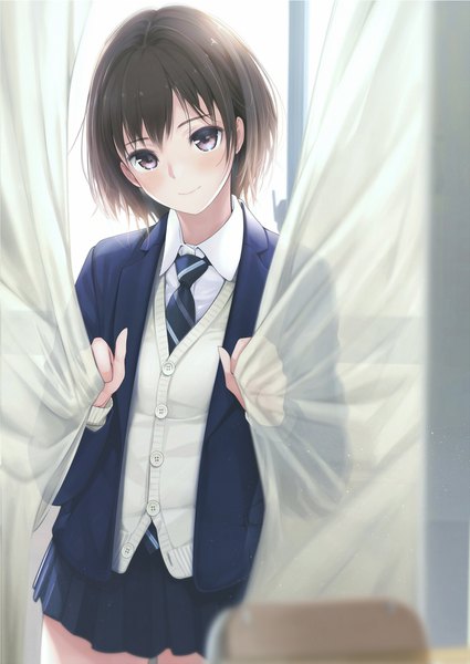 Anime picture 1178x1664 with original giba (out-low) single tall image looking at viewer blush fringe short hair smile brown hair standing holding brown eyes indoors pleated skirt blurry open clothes transparent girl skirt