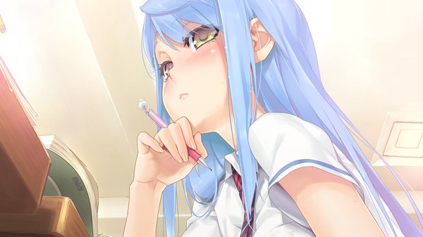 Anime picture 1280x720 with bishoujo mangekyou (game) omega star sawatari shizuku happoubi jin long hair blush wide image yellow eyes blue hair game cg girl uniform school uniform shirt