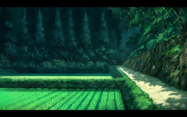 Anime picture 2276x1430 with original sasaj highres outdoors sunlight letterboxed no people scenic summer plant (plants) tree (trees) road bushes path rice paddy