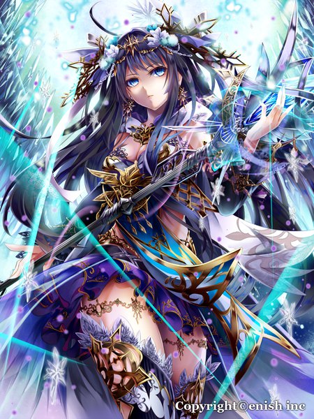 Anime picture 750x1000 with dragon tactics original tyouya single long hair tall image looking at viewer fringe breasts blue eyes light erotic black hair twintails bare shoulders holding signed cleavage ahoge nail polish head tilt