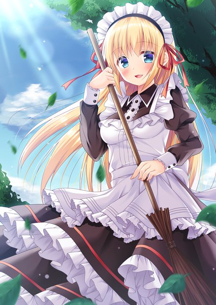 Anime picture 724x1023 with original fujikura ryuune single long hair tall image looking at viewer blush fringe open mouth blue eyes blonde hair smile standing holding payot sky cloud (clouds) outdoors :d wind