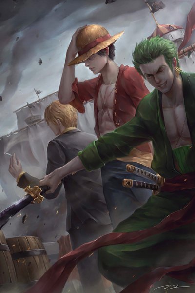Anime picture 1535x2303 with one piece toei animation monkey d. luffy roronoa zoro sanji raines-tu tall image fringe short hair black hair blonde hair smile hair between eyes standing holding signed outdoors profile one eye closed arm up