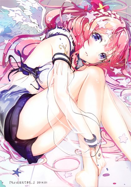 Anime picture 2844x4052 with original keepout single long hair tall image looking at viewer blush highres purple eyes pink hair scan bare legs girl hair ornament wings shorts star (symbol) star hair ornament