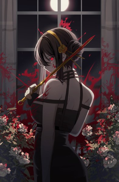 Anime picture 2146x3296 with spy x family yor briar hirakana single long hair tall image looking at viewer fringe highres breasts black hair hair between eyes red eyes large breasts standing holding payot indoors profile looking back