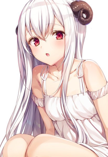 Anime picture 825x1200 with original komeshiro kasu single long hair tall image looking at viewer blush fringe open mouth simple background hair between eyes red eyes white background sitting payot bent knee (knees) white hair horn (horns) girl dress