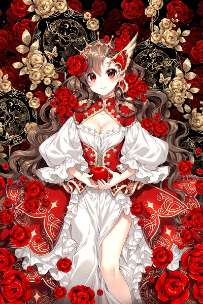 Anime picture 800x1200 with original nardack single long hair tall image looking at viewer blush red eyes brown hair wavy hair girl dress hair ornament flower (flowers) fruit apple