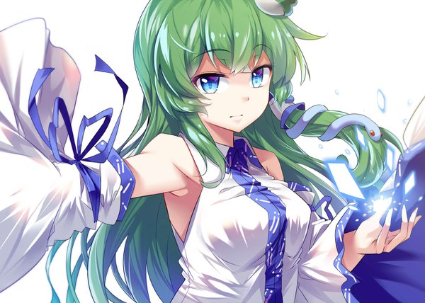 Anime picture 1400x1000 with touhou kochiya sanae e.o. single long hair looking at viewer blush fringe breasts blue eyes simple background large breasts standing white background bare shoulders upper body traditional clothes japanese clothes green hair wide sleeves