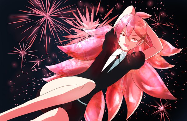 Anime picture 2780x1809 with houseki no kuni morganite (houseki no kuni) kayanogura single long hair looking at viewer highres open mouth pink hair pink eyes puffy sleeves shaded face arms behind head androgynous necktie