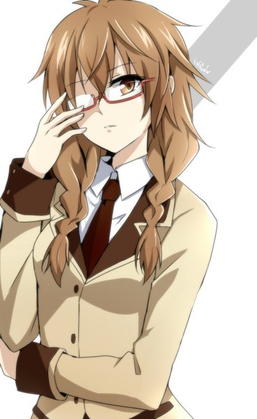 Anime picture 800x1300 with akuma no riddle kenmochi shiena kago-tan single long hair tall image looking at viewer simple background brown hair white background brown eyes signed braid (braids) twin braids girl uniform school uniform glasses