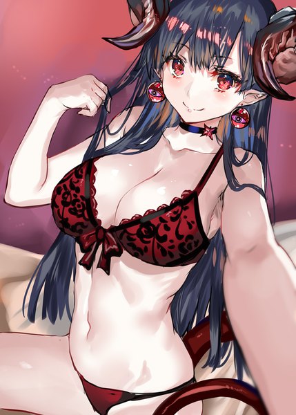 Anime picture 787x1100 with original ranou single long hair tall image looking at viewer blush fringe breasts light erotic black hair smile hair between eyes red eyes large breasts sitting cleavage tail horn (horns) pointy ears
