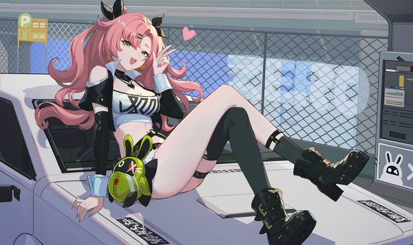 Anime picture 3362x2000 with zenless zone zero nicole demara bangboo (zenless zone zero) lance (lancelliu) single long hair highres open mouth light erotic wide image sitting bare shoulders green eyes pink hair nail polish :d mole arm support midriff two side up