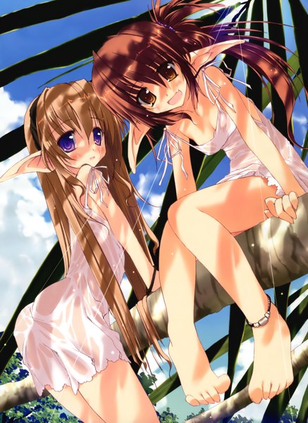 Anime picture 3290x4515 with long hair tall image looking at viewer blush highres open mouth light erotic blonde hair brown hair sitting purple eyes bare shoulders multiple girls brown eyes absurdres sky cloud (clouds) ponytail barefoot pointy ears