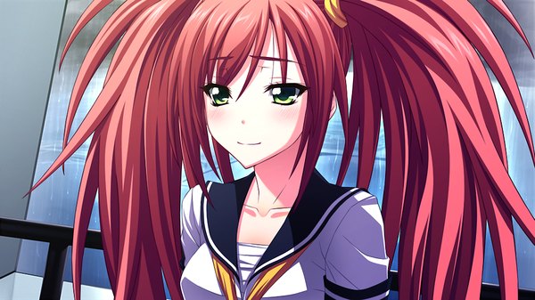 Anime picture 1000x563 with tsujidou-san no junai road long hair wide image twintails green eyes game cg red hair girl serafuku