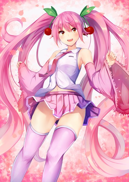 Anime picture 1254x1771 with vocaloid hatsune miku sakura miku irohara single tall image looking at viewer blush fringe breasts open mouth hair between eyes standing twintails bare shoulders yellow eyes pink hair very long hair :d pleated skirt