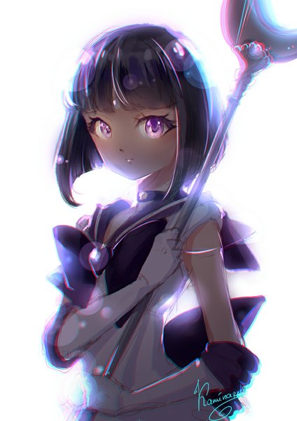 Anime picture 707x1000 with bishoujo senshi sailor moon toei animation tomoe hotaru sailor saturn kaminary single tall image looking at viewer fringe short hair smile purple eyes signed purple hair crescent girl gloves uniform bow choker