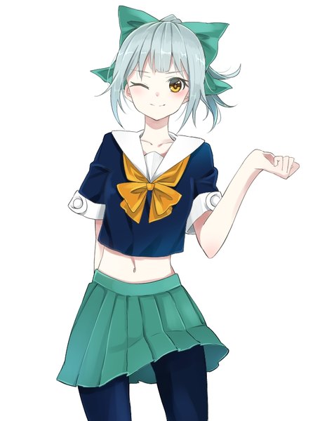 Anime picture 700x900 with kantai collection yuubari light cruiser taiki (ozone) single tall image looking at viewer blush fringe short hair simple background smile white background yellow eyes silver hair ponytail one eye closed wink bare belly girl navel