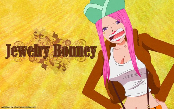 Anime picture 1440x900 with one piece toei animation jewelry bonnie single long hair breasts open mouth wide image large breasts purple eyes pink hair cleavage open jacket character names lipstick red lipstick yellow background hands on hips girl navel