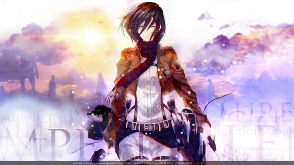 Anime picture 1920x1080 with shingeki no kyojin production i.g mikasa ackerman poker-face-008 single looking at viewer highres short hair black hair wide image holding brown eyes open clothes open jacket dual wielding girl weapon sword jacket belt