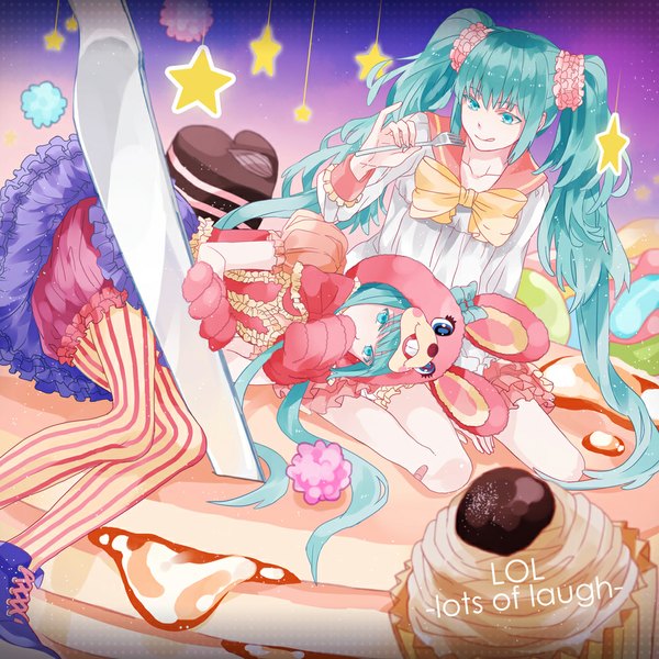 Anime picture 1000x1000 with vocaloid lol -lots of laugh- (vocaloid) hatsune miku michi (iawei) twintails multiple girls very long hair aqua eyes aqua hair :p bandaid on leg girl dress 2 girls food frills sweets bowtie star (symbol) candy