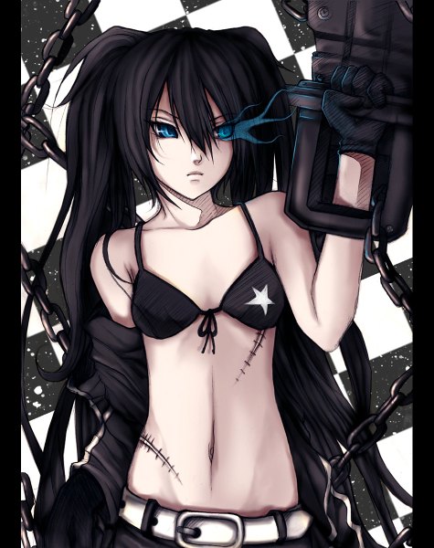 Anime picture 950x1200 with black rock shooter black rock shooter (character) aikaxx single long hair tall image blue eyes black hair twintails bare shoulders looking away midriff glowing scar glowing eye (eyes) checkered background girl gloves navel weapon