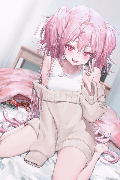 Anime picture 1000x1500 with original punipuni (p00nipooni) single long hair tall image looking at viewer blush fringe open mouth smile hair between eyes sitting bare shoulders payot pink hair full body ahoge indoors long sleeves :d