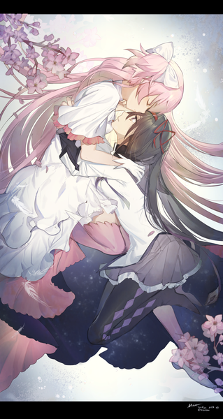 Anime picture 1941x3649 with mahou shoujo madoka magica shaft (studio) akemi homura kaname madoka goddess madoka lnvalee long hair tall image fringe highres black hair purple eyes multiple girls pink hair bent knee (knees) eyes closed very long hair short sleeves hug cherry blossoms