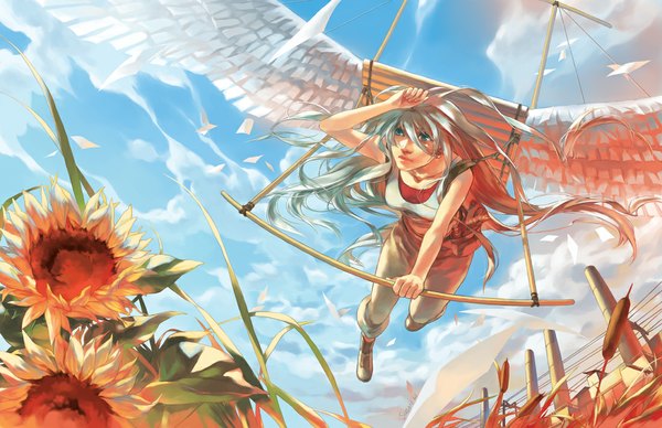 Anime picture 1100x712 with original mou-s single long hair blue eyes sky silver hair cloud (clouds) flying girl boots sunflower