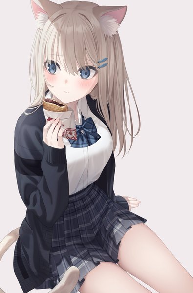 Anime picture 2001x3043 with original jimmy madomagi single long hair tall image blush fringe highres blue eyes simple background hair between eyes sitting holding animal ears looking away silver hair tail long sleeves animal tail pleated skirt