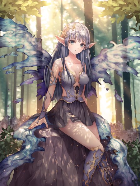 Anime picture 3000x4000 with original smi single long hair tall image looking at viewer fringe highres breasts blue eyes sitting bare shoulders blue hair outdoors blunt bangs pleated skirt pointy ears sunlight elf girl