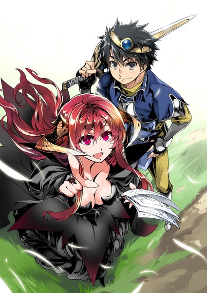 Anime picture 1254x1771 with maoyuu maou yuusha arms corporation maou (maoyuu) yuusha (maoyuu) long hair tall image short hair open mouth black hair red eyes red hair horn (horns) light smile grey eyes girl dress boy sword ring paper