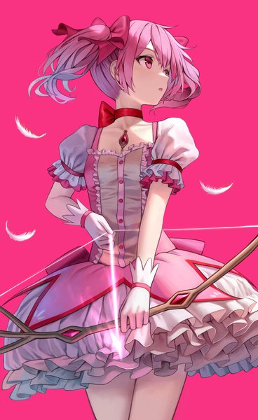 Anime picture 1200x1957 with mahou shoujo madoka magica shaft (studio) kaname madoka superpig (wlstjqdla) single tall image fringe short hair open mouth simple background hair between eyes standing twintails holding looking away pink hair pink eyes short sleeves puffy sleeves floating hair