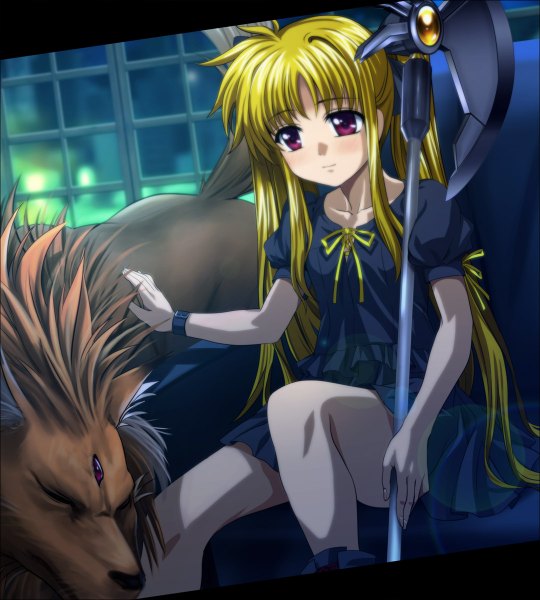 Anime picture 1080x1200 with mahou shoujo lyrical nanoha mahou shoujo lyrical nanoha strikers fate testarossa bardiche arf mutsuki (moonknives) long hair tall image blonde hair red eyes twintails girl skirt miniskirt animal window staff
