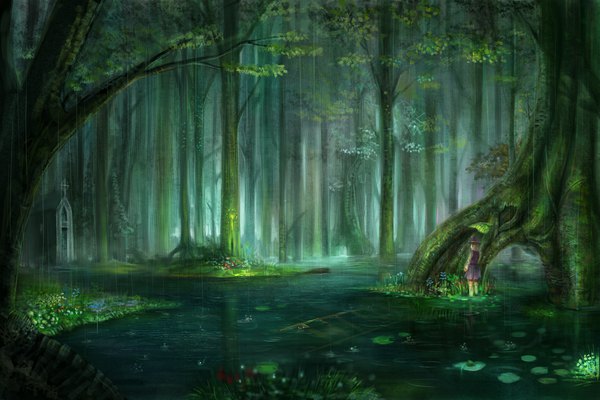 Anime picture 2100x1400 with touhou moriya suwako occult soda single highres glowing rain scenic nature girl plant (plants) tree (trees) water forest