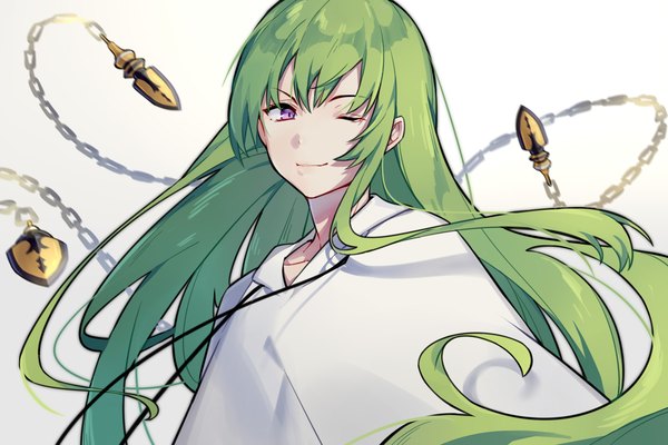 Anime picture 1350x900 with fate (series) fate/grand order fate/strange fake enkidu (fate) anchun (quail0503) single long hair fringe smile hair between eyes purple eyes upper body one eye closed green hair boy chain