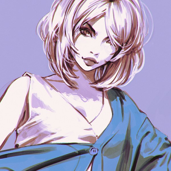 Anime picture 900x900 with original ilya kuvshinov single looking at viewer fringe short hair simple background head tilt lips hair over one eye sleeveless polychromatic girl buttons