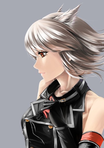 Anime picture 1322x1870 with warship girls r bismarck (warship girls r) yishi de wangxiang single tall image fringe short hair simple background smile bare shoulders brown eyes animal ears looking away silver hair upper body profile wind grey background lipstick pink lipstick